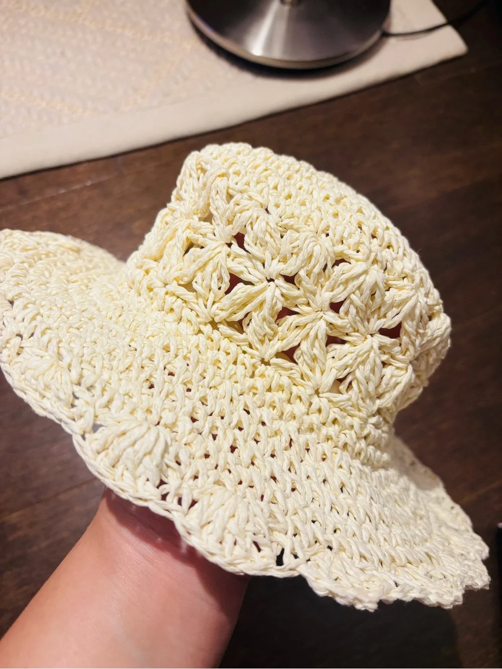 Japan baby girl Cream Crochet Sun Hat with Pink Bow/ 3-5 yrs